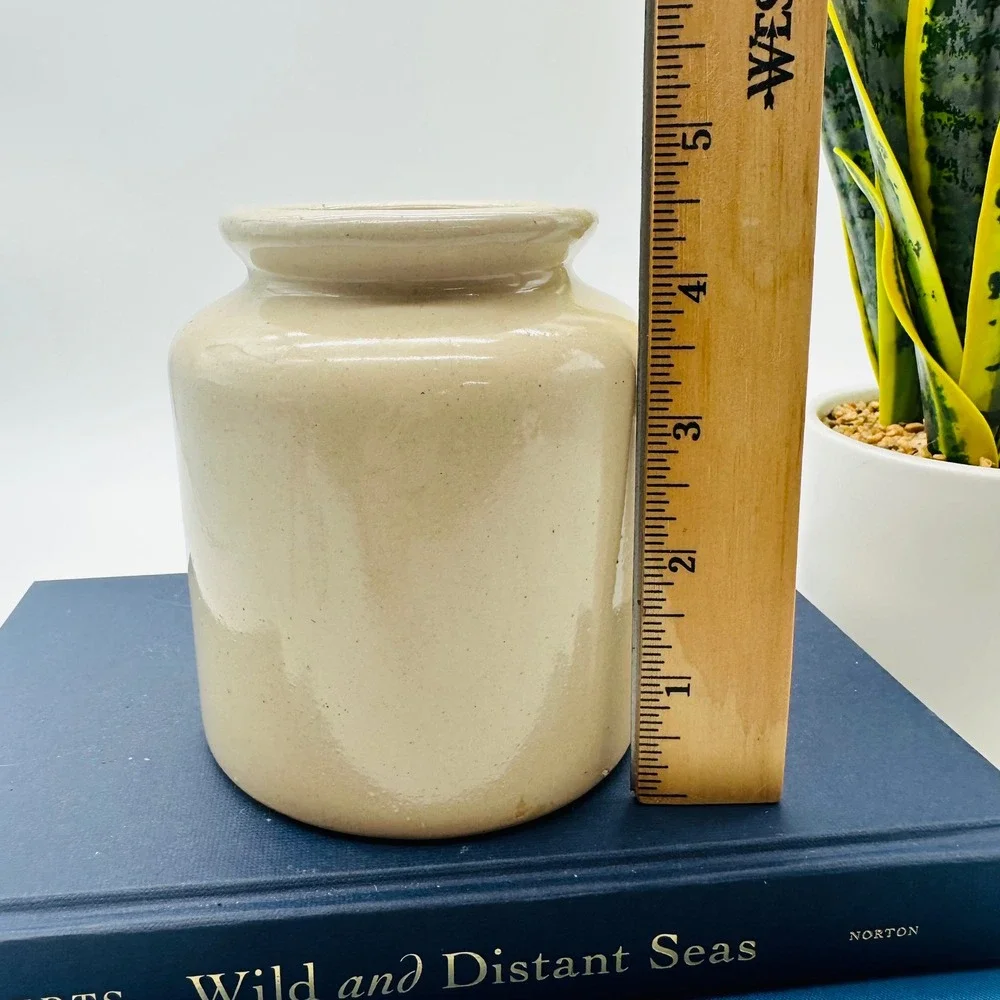 Vintage LAB Lagny Stoneware Crock Glazed Beige Ceramic Farmhouse Jar 4.5